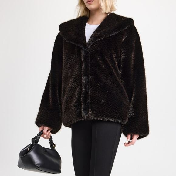 Anine Bing Hilary Faux Fur Jacket Brown Black Boxy Shawl Collar Coat Small S - Picture 1 of 7